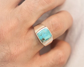 Genuine Square Turquoise Ring, Turquoise Stone Ring, Boho Turquoise Ring, Real Feroza Stone Ring, Navajo Ring, Vintage Sterling Silver Ring