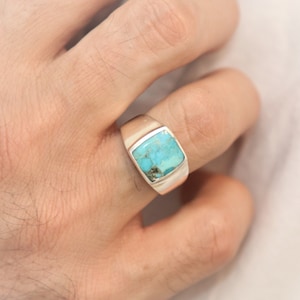 Genuine Square Turquoise Ring, Turquoise Stone Ring, Boho Turquoise Ring, Real Feroza Stone Ring, Navajo Ring, Vintage Sterling Silver Ring