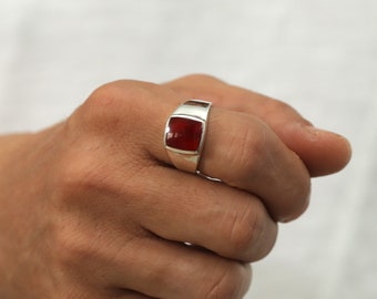Men's Wine Red Agate Carnelian Silver Ring, 925 Sterling Silver Handmade Signet Ring, Stylish Flat Top Gemstone Ring, Christmas Gift For Him