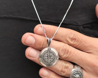 925 Sterling Silver Men Compass Rose Pendant Necklace