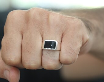 Men's Signet Onyx Ring, Black Onyx Ring, Sterling Silver Signet Ring, Large Onyx Signet Ring, Rectangle Ring, Real Stone Ring, Boho Ring