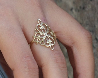 Ethnic 14K Gold Filigree Ring for Women, Large Statement Boho Chic Lace Ring, Vintage Ornate Ring