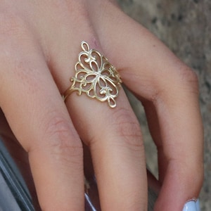 Ethnic 14K Gold Filigree Ring for Women, Large Statement Boho Chic Lace Ring, Vintage Ornate Ring