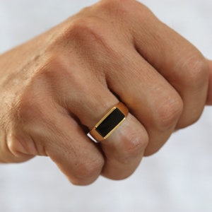 Gold Plated Onyx Ring - Unisex Ring Men or Women, Black Onyx Gold Ring, Handmade Flat Top Ring