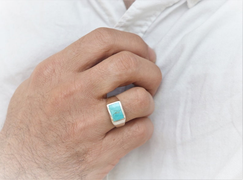 Genuine Rectangle Turquoise Ring, Vintage Sterling Silver Ring, Turquoise Stone Ring, Boho Ring, Real Feroza Stone Ring, Mens Navajo Ring image 1