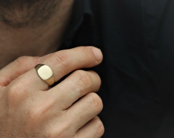 Men 14K Gold Wide Signet Ring, Classic Bohemian Man&#39;s Signet Ring, Personalized Wedding Ring for Man