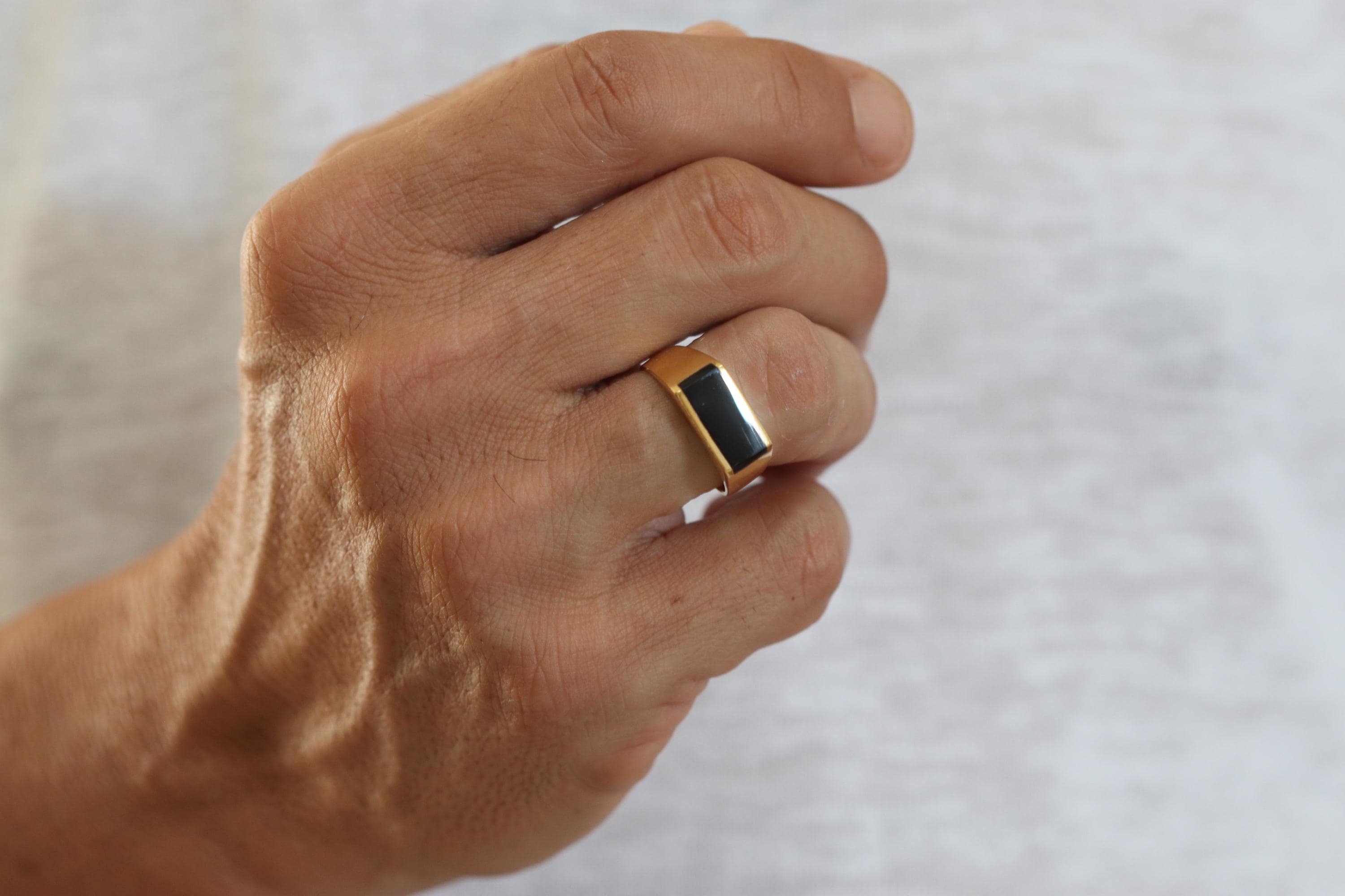 メンズ 14K ゴールド オニキス リング：長方形 シグネット 結婚指輪