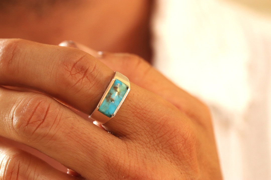 Sterling Silver Turquoise Signet Ring: Handmade Mens Feroza Ring