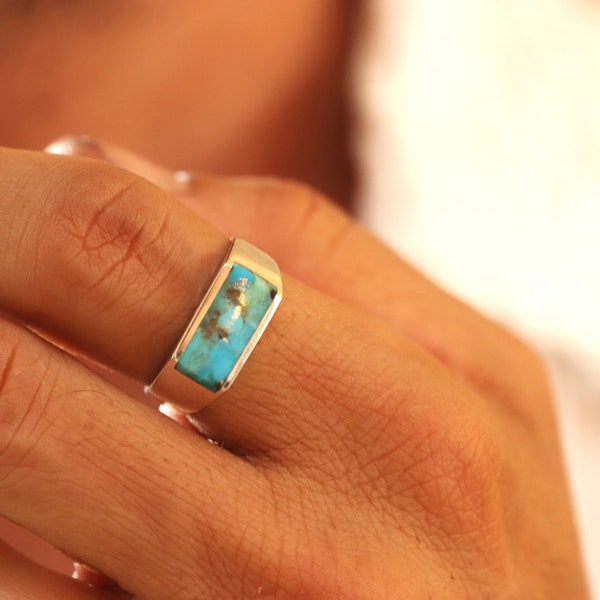 Dainty Sterling Silver Turquoise Signet Ring, Handmade Men's Feroza Ring, Unique Casual Everyday Gemstone Ring for Men, Gift for Him