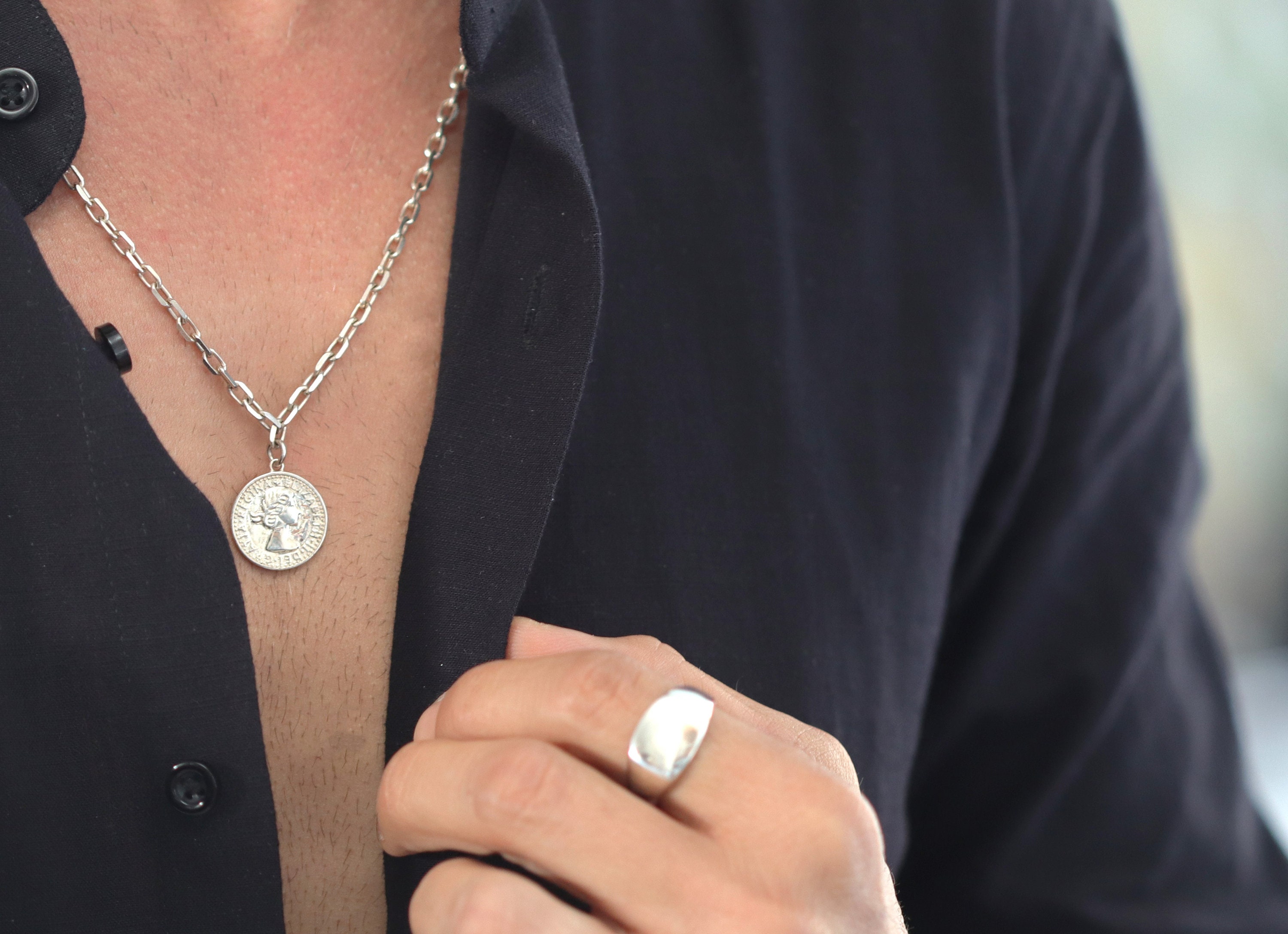 ★人気★ 【SHOVEOFF】 Silver Coin Chain Necklace Men's 925 Sterling Silver Coin Pendant Necklace, Silver Link