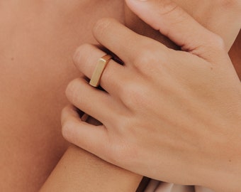14K Solid Gold Bar Ring: Minimalist Geometric Signet