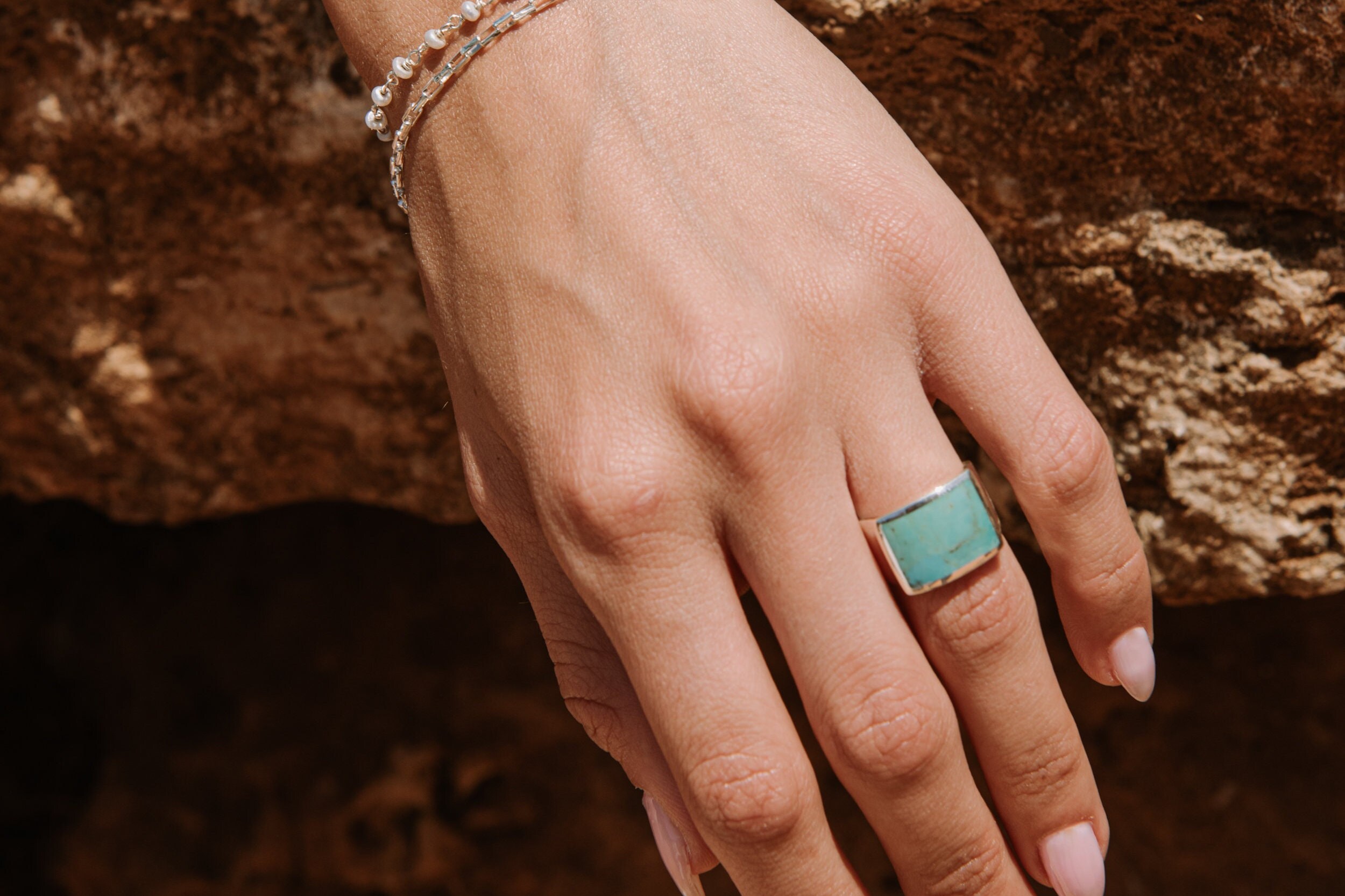 925 Sterling Silver Natural Turquoise Signet Ring, Large Rectangle