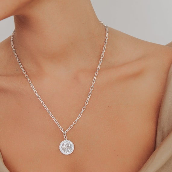 Antique Coin 925 Silver Pendant Necklace, Silver Link Chain
