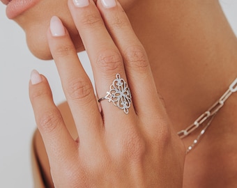 14K White Gold Ornamental Filigree Ring, Arabesque Large Wide Lace Ring, Boho Chic Ethnic Ring