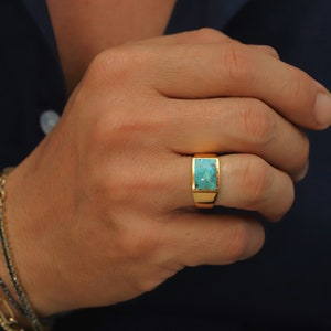 Men's Gold and Natural Turquoise Ring, 14K Gold Plated over Sterling Silver Men's Signet Ring, Large Vermeil Genuine Turquoise Stone Ring