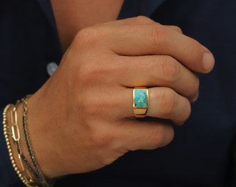 Men's Gold and Natural Turquoise Ring, 14K Gold Plated over Sterling Silver Men's Signet Ring, Large Vermeil Genuine Turquoise Stone Ring