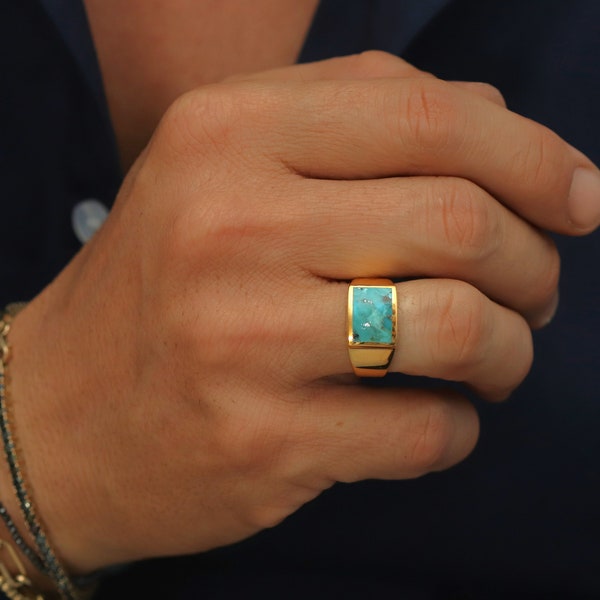Men's Gold and Natural Turquoise Ring, 14K Gold Plated over Sterling Silver Men's Signet Ring, Large Vermeil Genuine Turquoise Stone Ring