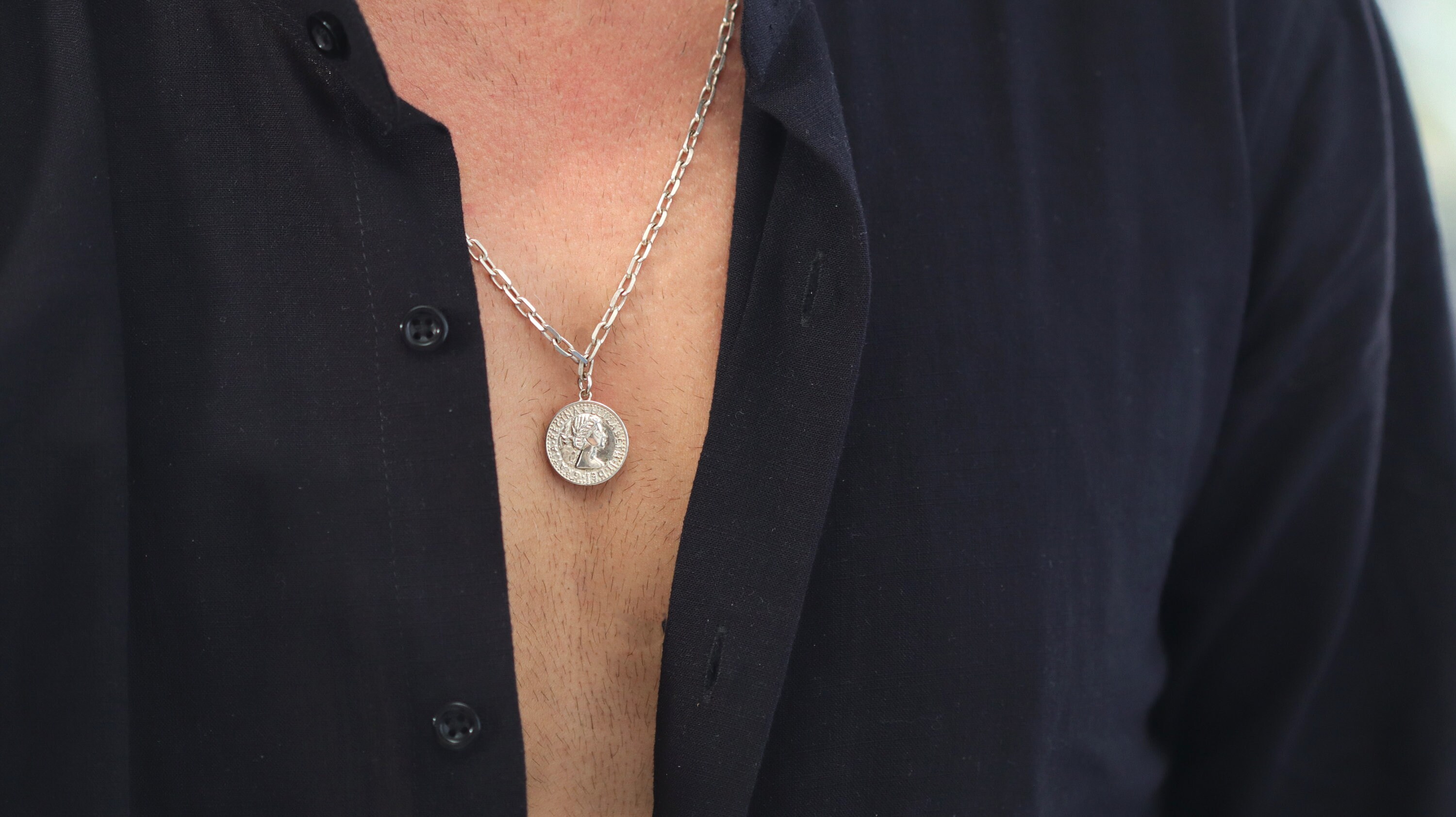 Men's 925 Sterling Silver Coin Pendant Necklace, Silver Link