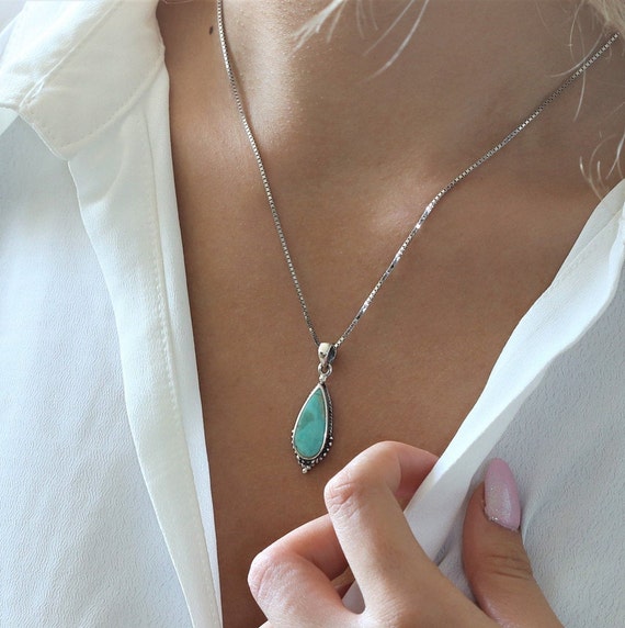 Sterling Silver and Turquoise Tear-drop Pendant Necklace