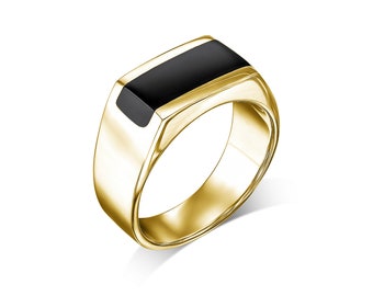 Gold Plated Onyx Ring - Unisex Ring Men or Women, Black Onyx Gold Ring, Handmade Flat Top Ring