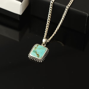 Sterling Silver Curb Chain Necklace with Genuine Turquoise Rectangle Pendant, Light Blue Natural Gemstone Large Trendy Necklace, Men&#39;s Gift
