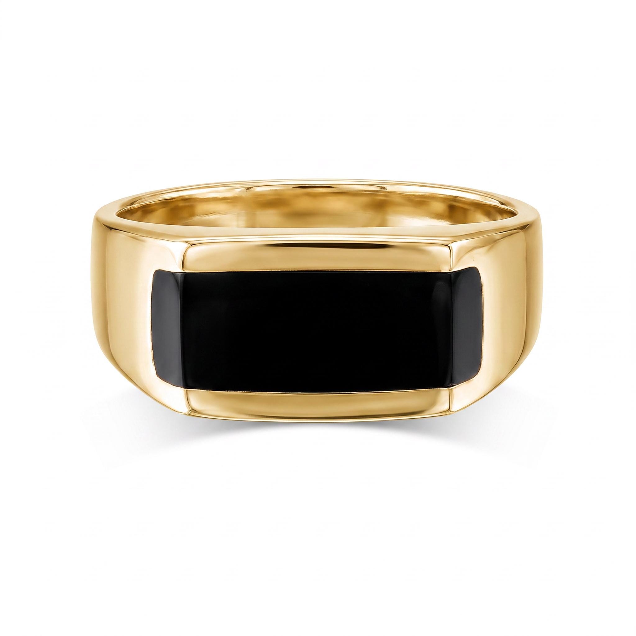 メンズ 14K ゴールド オニキス リング：長方形 シグネット 結婚指輪