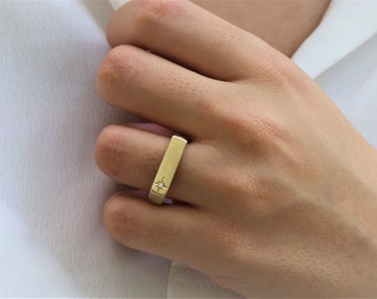 14K Solid Gold Starburst Ring, Diamond Signet Ring, 14K Gold Signet Ring For Women, Christmas Ring, Rectangle Signet Ring, Gold Bar Ring