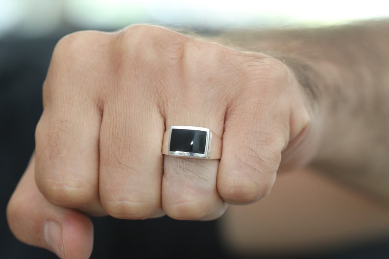 Jewelry Bands Birthday Anniversary Gift For Man Wide Flat Top Band Men Black Onyx Ring Sterling Silver Signet Ring