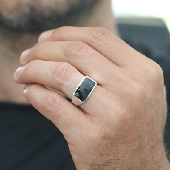 Silver and Onyx Men Wide Signet Ring - Etsy