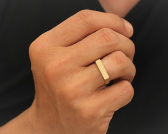 14k Solid Gold Signet Ring: Minimalist Rectangle Bar Ring
