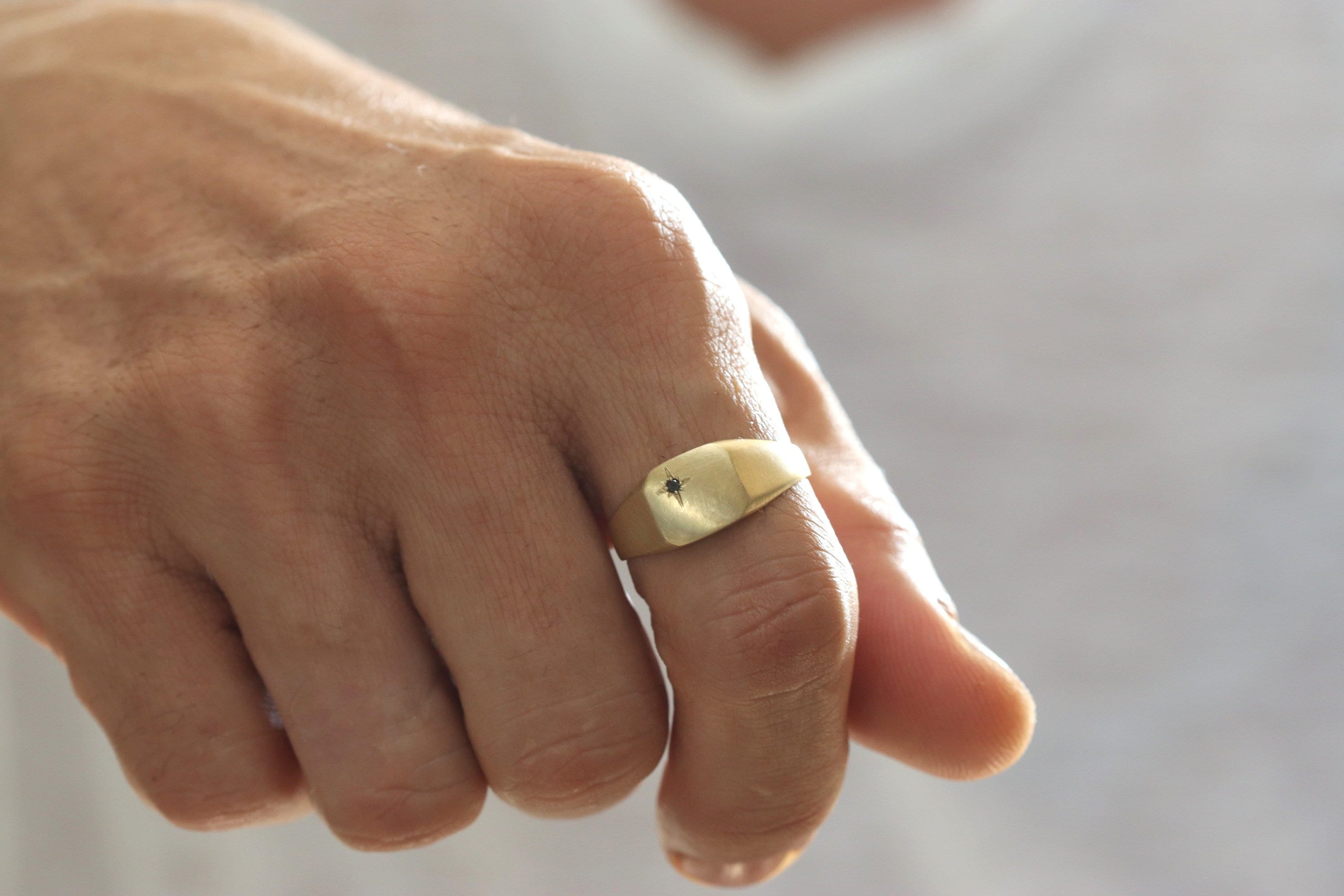 Men's 14K Solid Gold Signet Ring with Black Diamond, Gold Wedding Band for Men