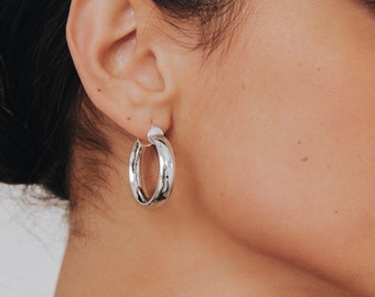 28 mm Large 925 Silver Wide Hoop Earrings for Women, Trendy Urban Bohemian Earrings, Simple Everyday Hoops