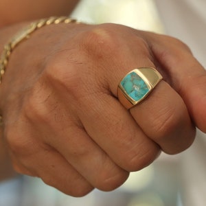 Large Gold Plated Genuine Turquoise Ring, Vermeil 925 Silver Signet Ring or Gold Plated with Turquoise Gemstone, Wide Everyday Ring for Man