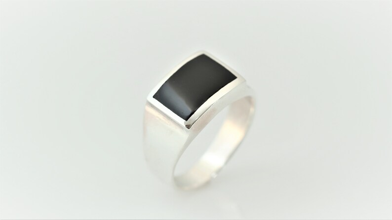 Men Black Onyx Ring, Sterling Silver Signet Ring, Wide Flat Top Band, Birthday / Anniversary Gift For Man image 5