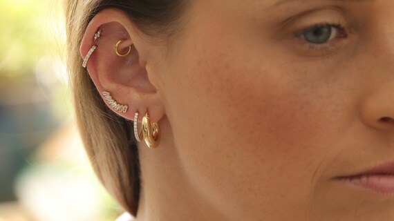14K Gold Filled Baguette Fan Drop Dangle Clear Stud Earrings