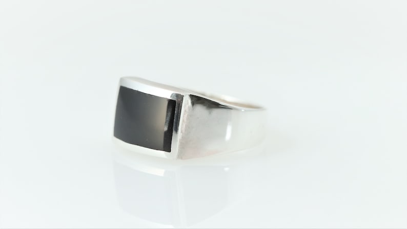 Men Black Onyx Ring, Sterling Silver Signet Ring, Wide Flat Top Band, Birthday / Anniversary Gift For Man image 2