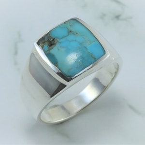 Anillo grande de turquesa auténtica, anillo bohemio de plata de ley para hombre, anillo de piedra feroza auténtica, anillo navajo