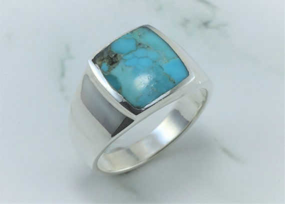 Large Genuine Turquoise Ring, Sterling Silver Bohemian Men's Large Genuine Turquoise Ring, Sterling Silver Bohemian Men's