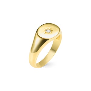 Women&#39;s 14K Solid Gold Pinky Signet Ring, Signet Ring with 1 Carat Clear Diamond, Flat Top Bohemian Solid Gold Pinky Diamond Ring for Women