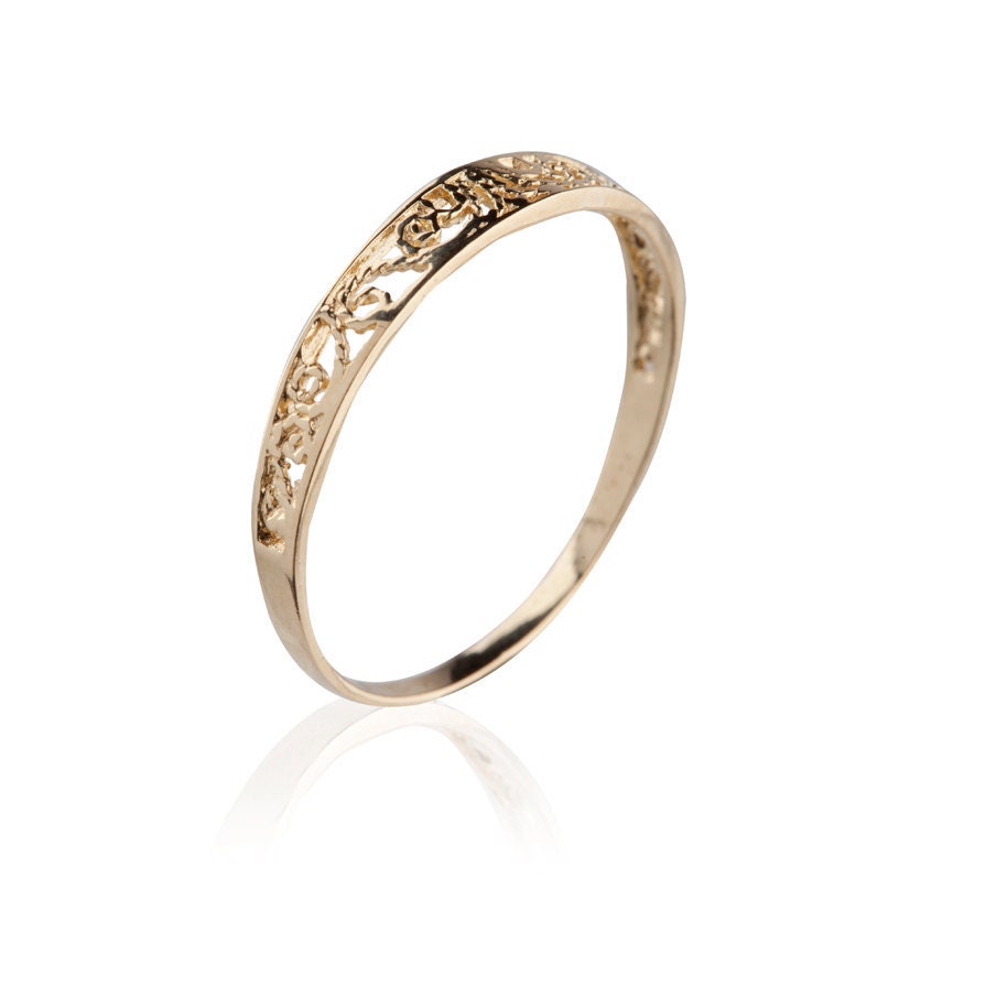 Thin Filigree Ring 14K Gold Wedding Band Unique Handmade Lace