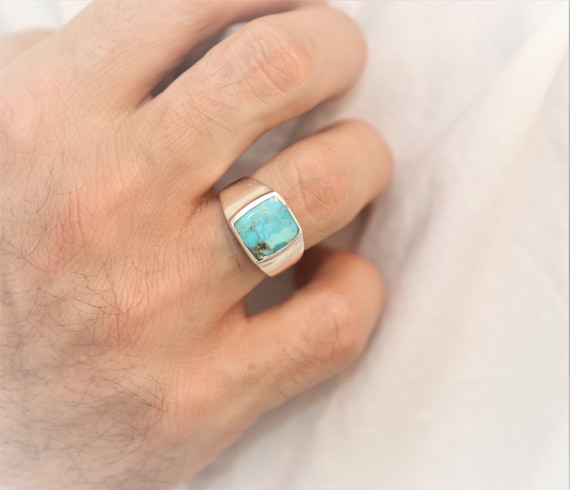 Square Turquoise Men's 925 Silver Ring - Unique Striped Design