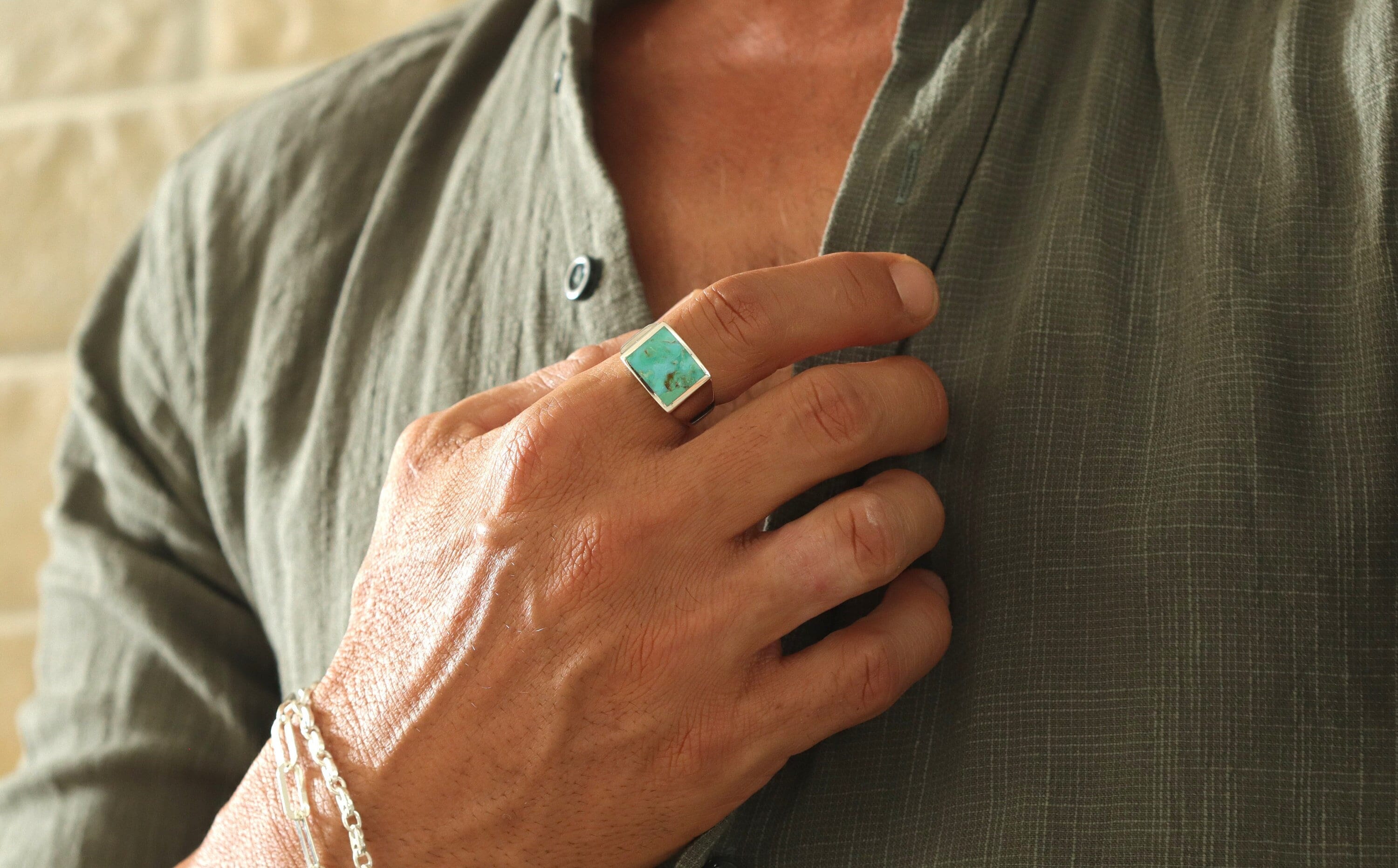 Men XL Silver Genuine Turquoise Ring, Wide Signet Ring, Gift for Him