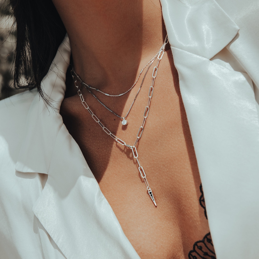 Adjustable Sterling Silver Link Chain Necklace With Black CZ Spike Pendant, Tie Trendy Long Links Chain Lariat Necklace for Women - Etsy Adjustable Sterling Silver Link Chain Necklace With Black CZ Spike Pendant, Tie Trendy Long Links Chain Lariat Necklace for Women - Etsy
