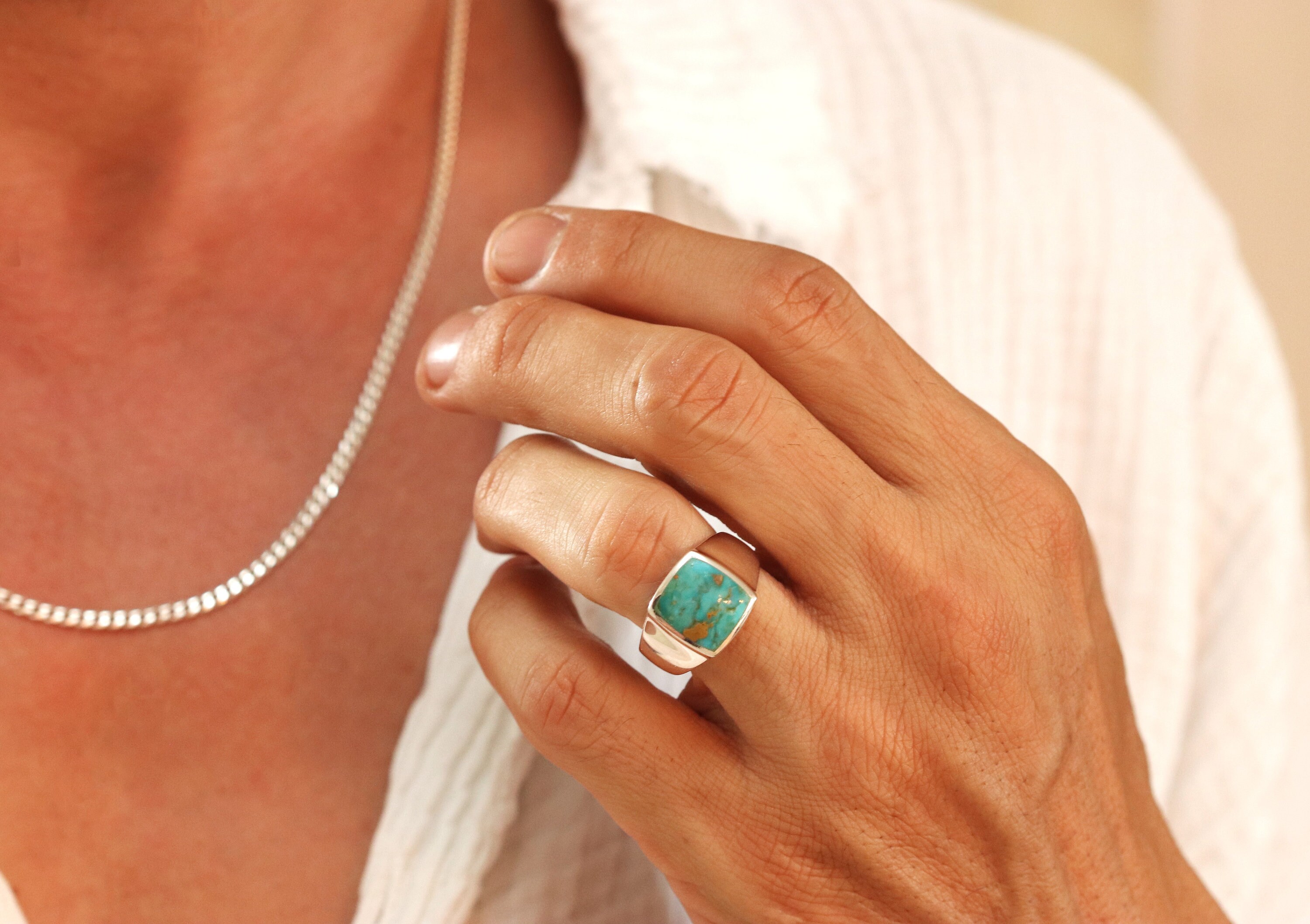 Genuine Square Turquoise Ring, Turquoise Stone Ring, Boho