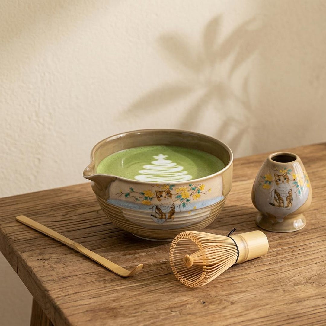 Matcha Bowl Set Cat Design | Matcha Tea Set Handmade Ceramic With Whisk ...
