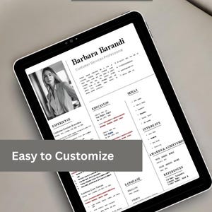 May include: A digital tablet displaying a resume template. The resume includes sections for experience, skills, education, and interests. Text on the tablet reads "CV BY SVP-HR" and "Easy to Customize."