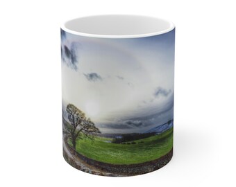 Stormy Countryside Landscape Mug | Tree, Winding Road, Rainbow Sky Scotland