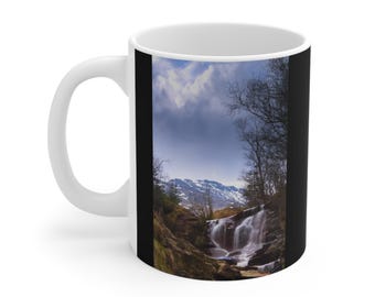Mountain Waterfall Landscape Mug | River, Trees, Snowcapped Peaks