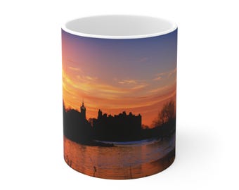 Sunset Silhouette Skyline Mug | Orange Purple Lake Scene Linlithgow Palace St Michael's Parish Church