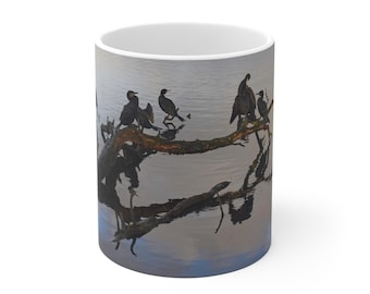 Cormorant Birds on Log Mug | Lake Water Wildlife Photography